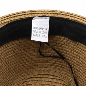 Detail of internal black sweatband and 100% paper material label on the straw hat