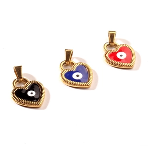 Fashionable evil eye heart pendants in blue, red, and black with golden stainless steel frame