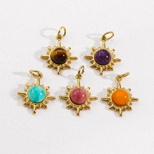 French vintage stainless steel sunburst pendants with colorful natural stone inlays