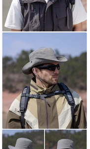 Detail of grey wide brim sun hat and polarized sunglasses for outdoor hiking