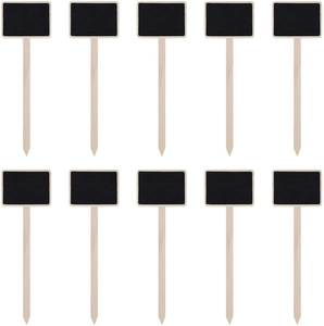Set of 10 mini wooden chalkboard plant tags with sharp stakes for garden labeling