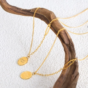 Vintage gold plated titanium steel necklace with Good Luck pendant on wooden branch