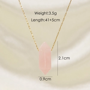 Detail view of pink crystal hexagonal pillar pendant with gold necklace size specifications