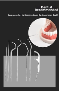 Detail of 7-piece stainless steel dental pick set with anti-slip texture and tooth model
