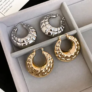 Chunky Hoop Earrings Quilted Texture Metal Embossed Grid Pattern Fashion Retro Round Latch Back Jewelry For Women
