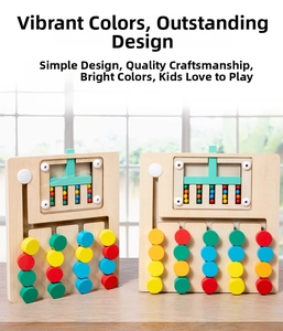 Close-up of wooden logical thinking board game with sliding colorful cylinder pieces