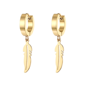 Detailed macro view of golden feather charm earrings crafted in polished stainless steel