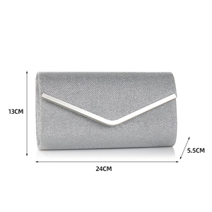 Silver envelope clutch bag with V-shaped metal buckle and product dimensions 24x13x5.5 CM