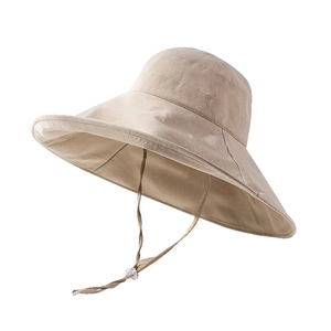 Beige wide brim sun hat for women with adjustable windproof rope for outdoor UV protection