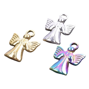 Three angel-shaped titanium steel pendants in gold, silver, and rainbow finishes for jewelry