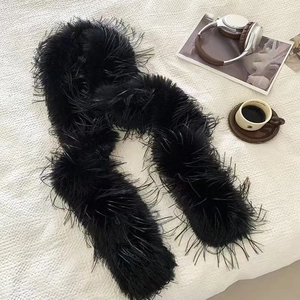 Luxurious black faux fur scarf styled with a lifestyle setup on a soft white background