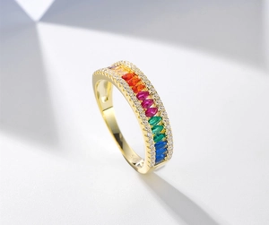 Close-up of S925 hallmark on gold ring band with marquise cut rainbow gemstones