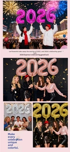 Detailed 2026 number balloons in rose gold and metallic colors for New Year celebration