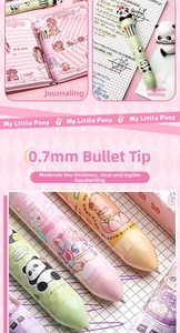 Detail of 0.7mm multicolor retractable ballpoint pen featuring cartoon character patterns