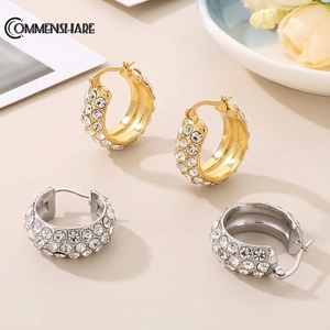 Luxury Wide Hoop Earrings Titanium Steel Micro Pave Rhinestone Elegant Minimalist U Shape Jewelry For Women