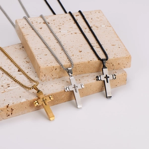 Cross Pendant Necklace 304 Stainless Steel Hollow Greek Key Pattern Religious Jewelry Unisex Box Chain