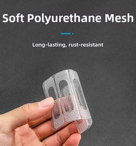 Detailed view of flexible polyurethane mesh screen patch for window drainage holes