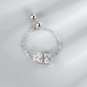 Adjustable S925 sterling silver chain ring with heart and emerald cut zirconia stones