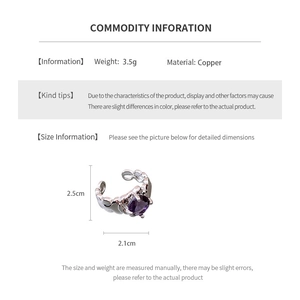 Detail specifications of silver ring with purple gemstone on white info card