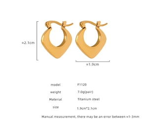 Detaillierte Größentabelle für goldene Titanstahl-Ohrringe mit Maßen von 1,9 cm x 2,1 cm