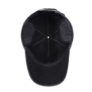 Men's wool baseball cap with ear flaps for winter warmth in dark grey textured fabric