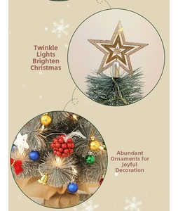 Detail of 60cm tabletop Christmas tree with warm LED lights and colorful ornaments