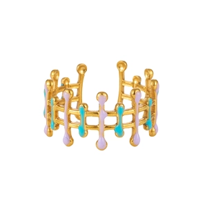 Detailed view of open gold plated ring with purple and blue enamel water drop patterns