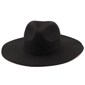 Classic black wide-brim straw fedora with 9.5cm flat brim and fine woven texture