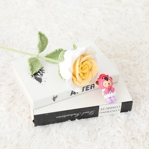 Close-up of handmade crochet rose with yellow center and white petals on books