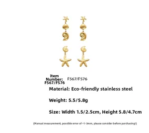 Detail view of gold-plated stainless steel starfish and seashell earrings with dimensions