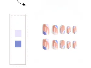 Detail of short square press-on nails with colorful abstract wave patterns and color swatches