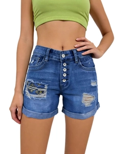 Women high waist denim shorts with five-button fly and distressed ripped details