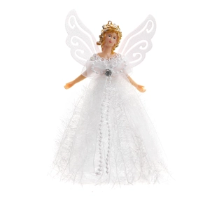 Standing white Christmas angel tree topper decoration with wings on white background