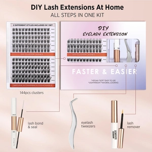 DIY Lash Extensions Kit with 144 Clusters, Bond, Seal, Tweezers and Remover Set