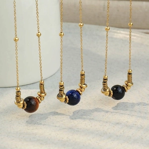 Collier En Acier Inoxydable Œil De Tigre Naturel Perle Ronde Chaîne Satellite Bijoux Rétro Minimalistes