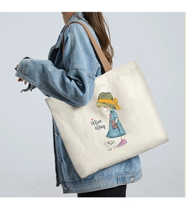 Canvas tote bag with cartoon girl illustration and Nice Day print on shoulder strap