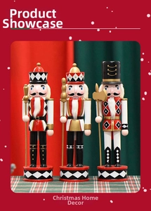 Detail of 30cm wooden nutcracker soldiers with scepter and axe on diamond pattern base
