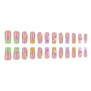 Französisches Macaron-Maniküre-Set mit 3D-Blumenakzenten und bunten Wellenmustern