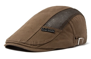 Detail of dark brown breathable mesh panel and adjustable metal buckle on cotton flat cap