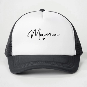 Close-up of black and white mesh trucker hat with Mama print and heart detail
