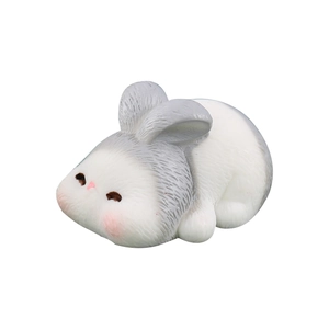 Miniature gray and white resin rabbit figurine in a lying pose for micro landscape decor