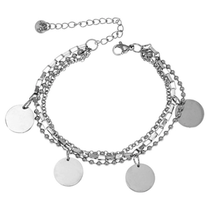 Detail of layered stainless steel bracelet with three chain styles and five round charms