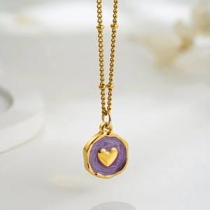 18K gold plated necklace with irregular purple enamel heart tag pendant jewelry