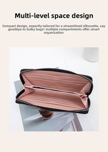 Detailed interior of a quilted long wallet featuring multiple card slots and pink lining