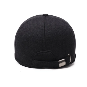 Men's wool blend winter baseball cap in black featuring an adjustable metal buckle back