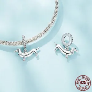 Cute S925 sterling silver dachshund puppy charm with zircon stones for DIY bracelets