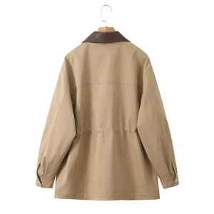 Detailed back view of a khaki utility windbreaker with brown collar and waist drawstring