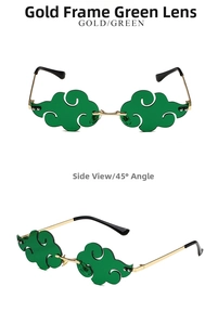 Detail view of gold metal sunglasses with green cloud-shaped lenses and side profile view