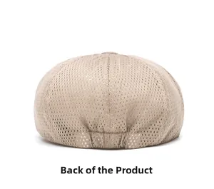 Rear view of breathable beige mesh newsboy cap showing elastic band and hollow texture