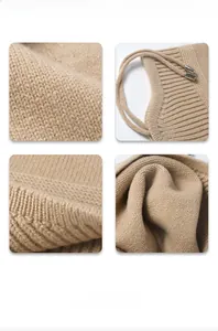 Detailed close-up of khaki wool knit fabric texture and premium drawstring with metal tips